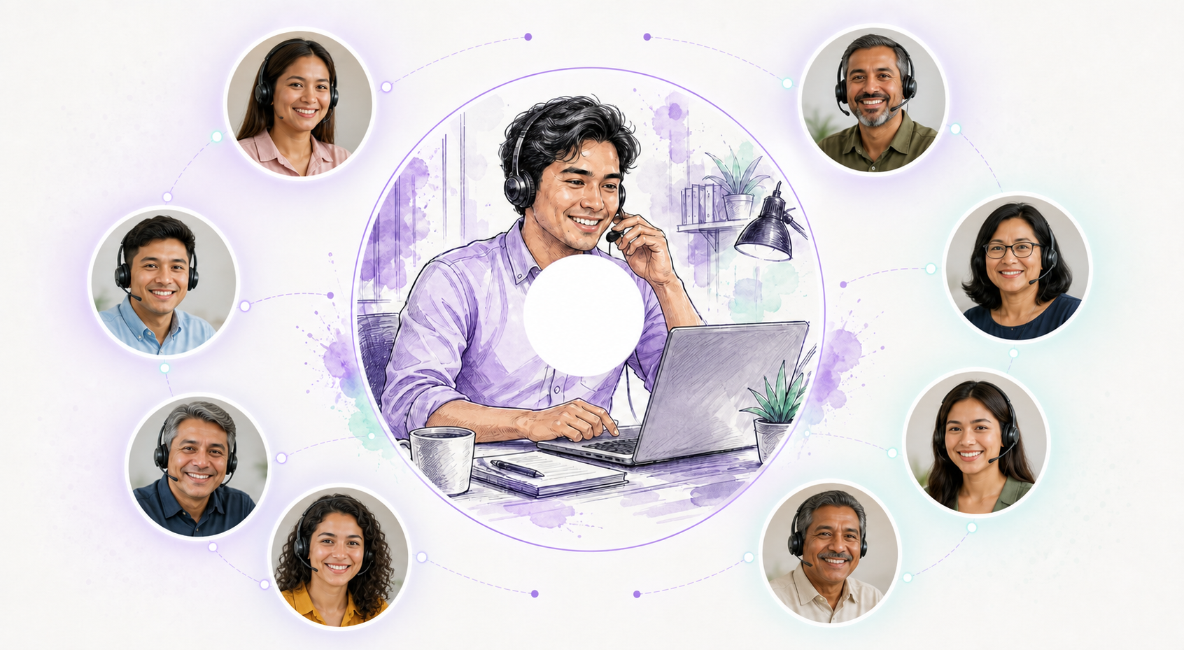 Eight remote assistant candidates surrounding an illustration of a trained caller using Daily Dials