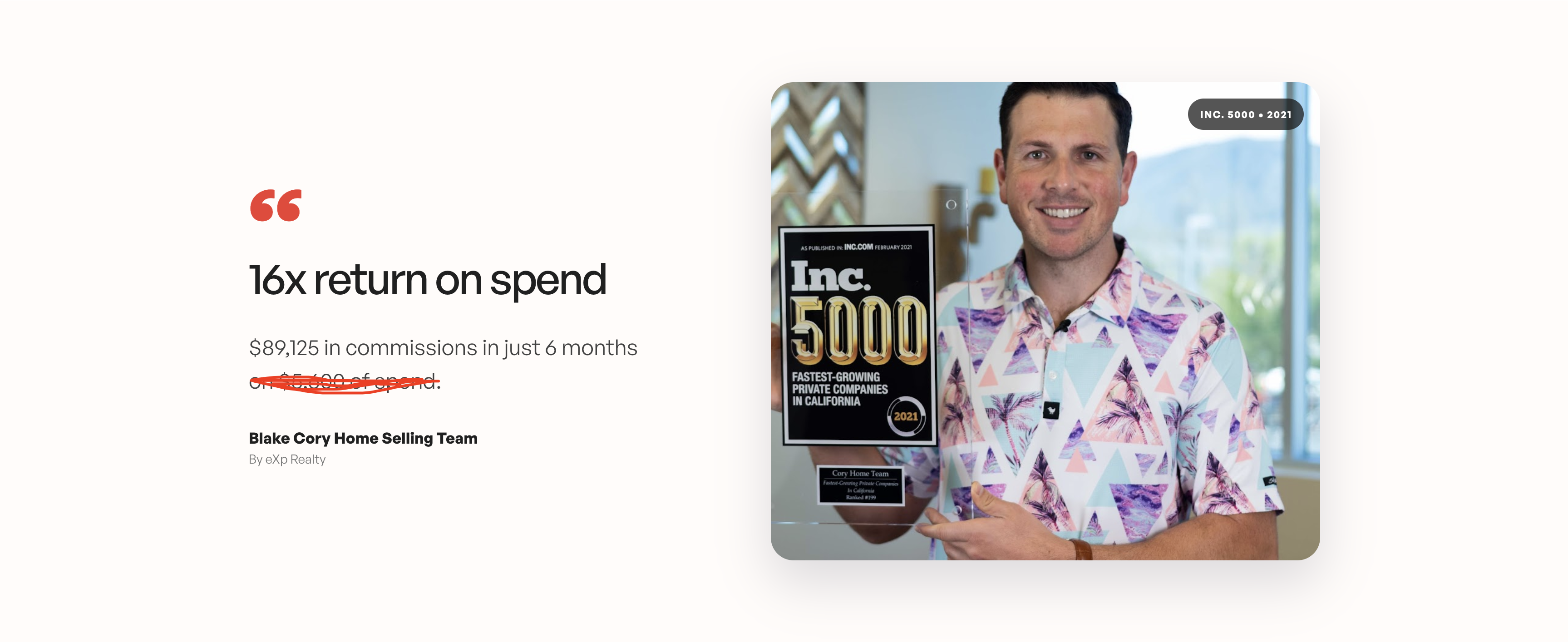 Blake Cory holding an Inc. 5000 award